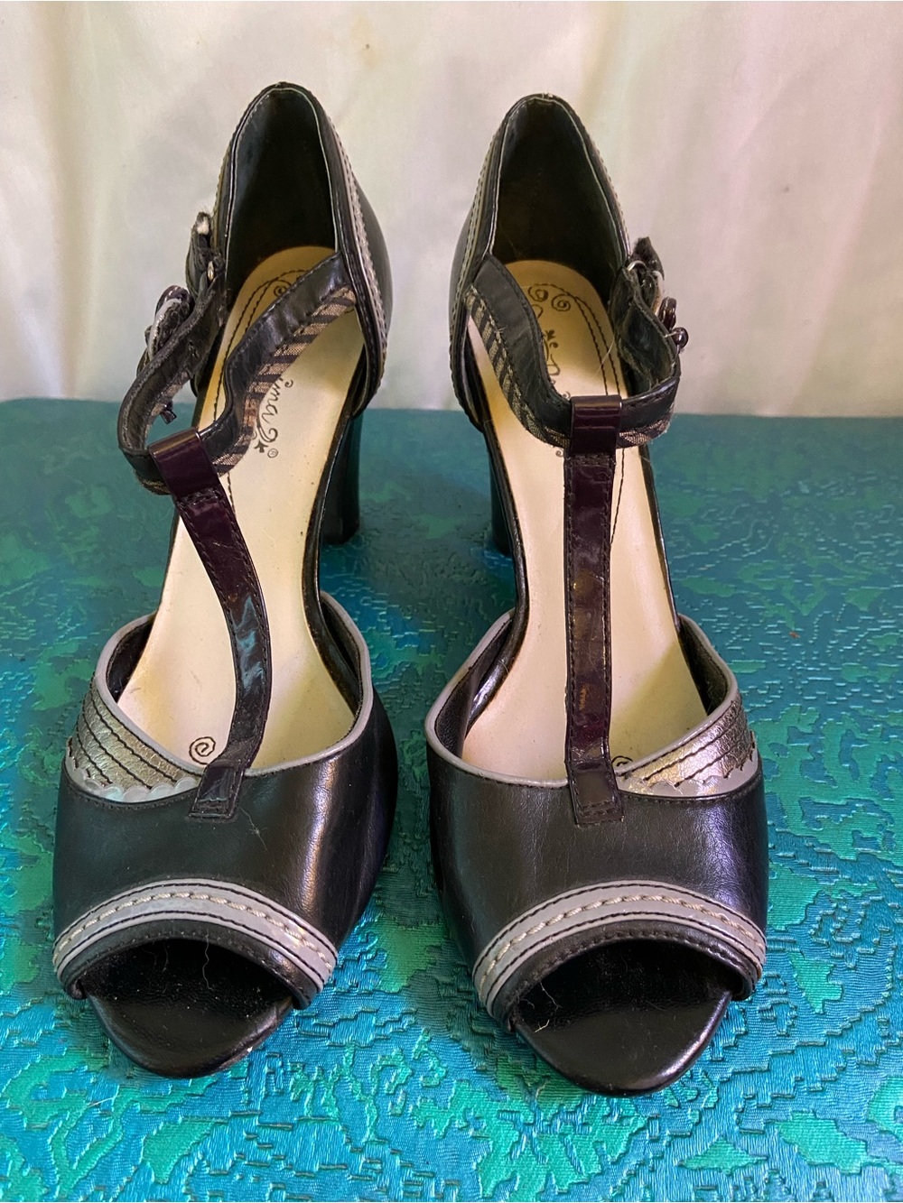 Anthropologie Prima  Black and Silver T-Strap Peep-Toe Heels